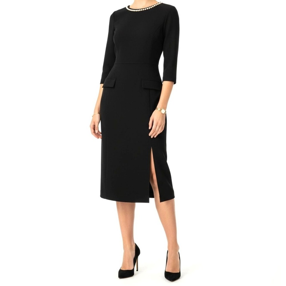 Melloday Sheath Dress Women Small Black Pearl Neck Open Back Slit Pocket